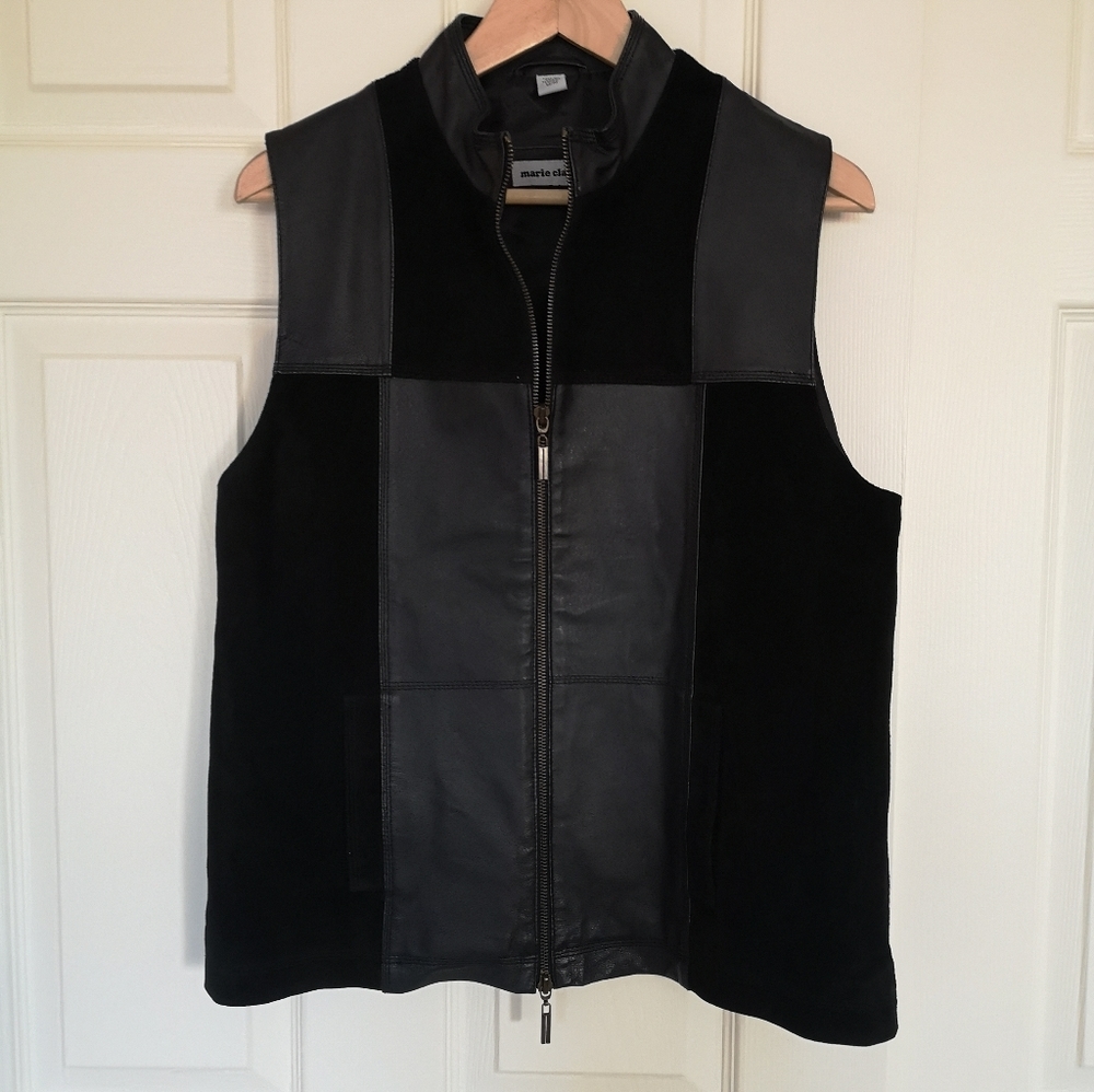 Vintage Leather and Suede Checkered Vest Sleeveless Jacket